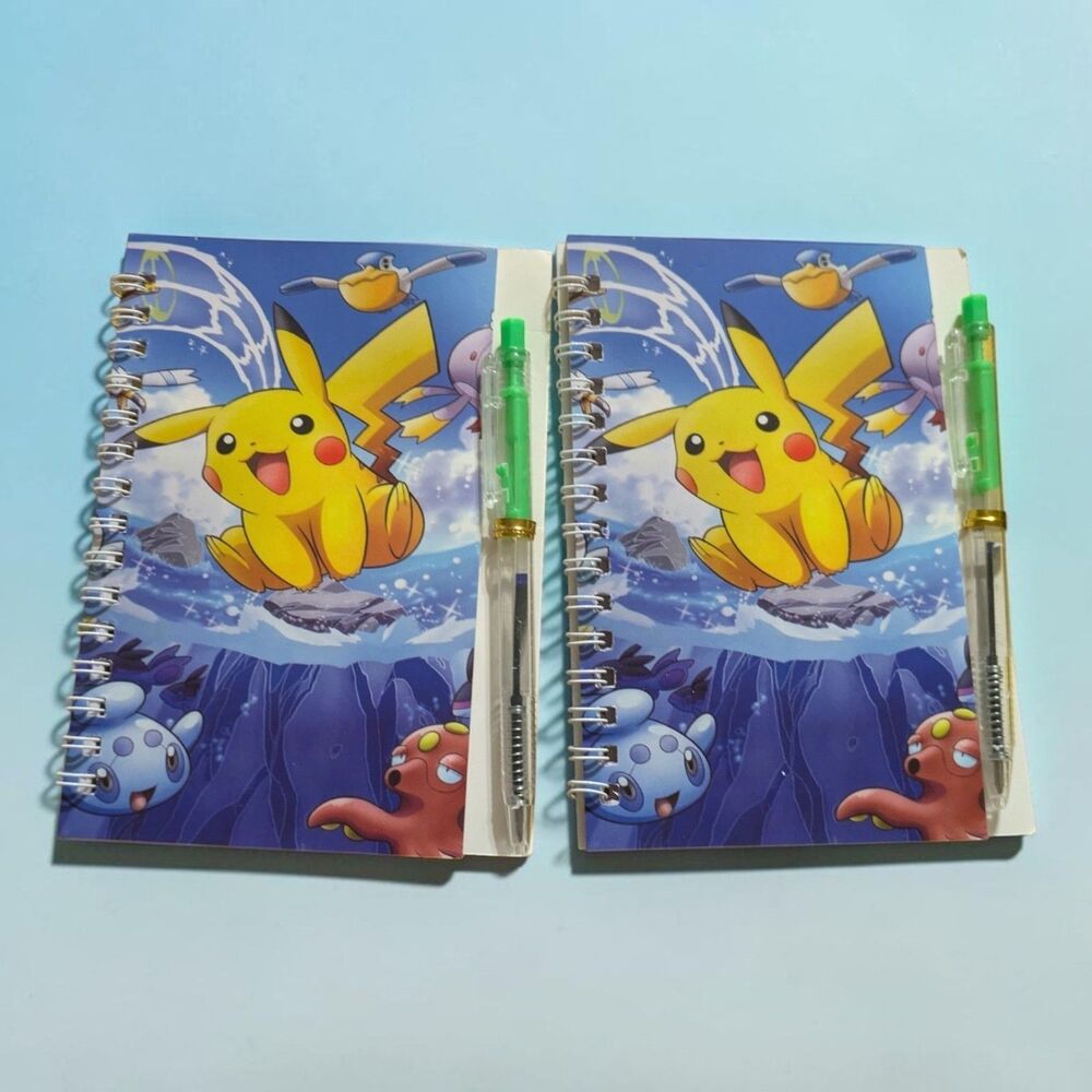 Pikachu Mini Spiral Notebooks Set of 2 with Pens, Pokémon Kawaii Stationery